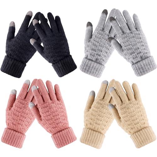 女性用の冬の手袋-4ペア女性のためのタッチスクリーングローブ寒さファッションニットミトン暖かい冬の手...