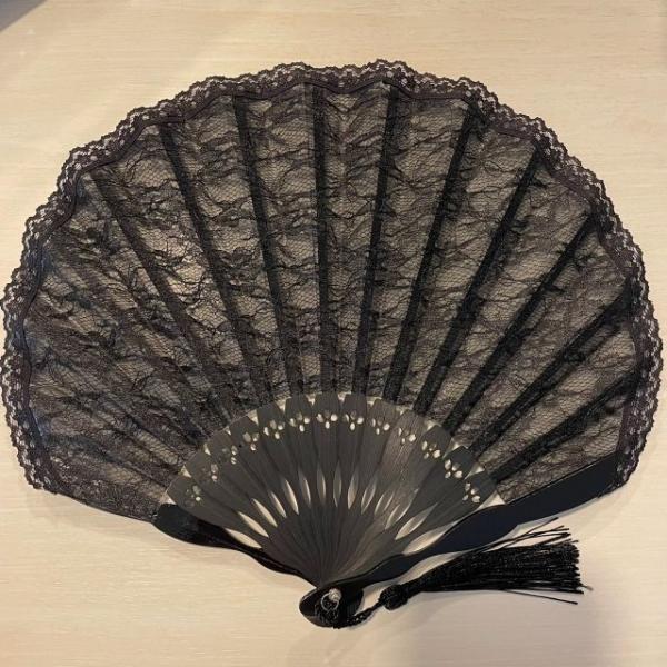 折扇子 花レース 黒 ゴシック ロリータ 綺麗 夏 旅行 浴衣