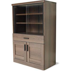 moca company Roundear ミニ 食器棚 幅60 ロータイプ スリム 薄型 引き戸 ブラウン 木目調