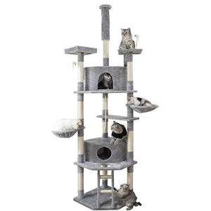 Mwpo キャットタワー 突っ張り 大型猫 スリム 省スペース おしゃれ 多頭飼い 爪とぎ 爪みがき おもちゃ付き ライトグレーH235~260×W57×D57cm 086B