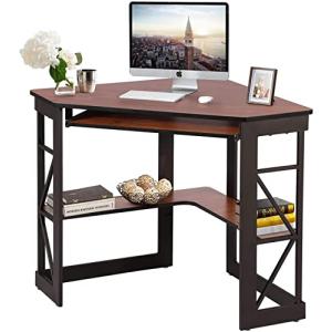 べセロ パソコンデスク チーク コーナー用 コンパクトデスク キーボードトレイ&収納棚付き