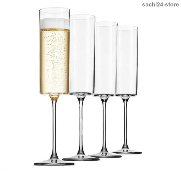 ガラス製シャンパンフルート4パック、6-オンスのシャンパングラス4個セット、プレミアム方形エッジの吹...
