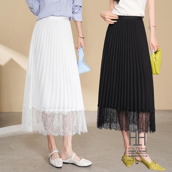 プリーツスカート ロングスカート レディース レース切り替え 通勤 台形スカート 体型カバー ミモレ...