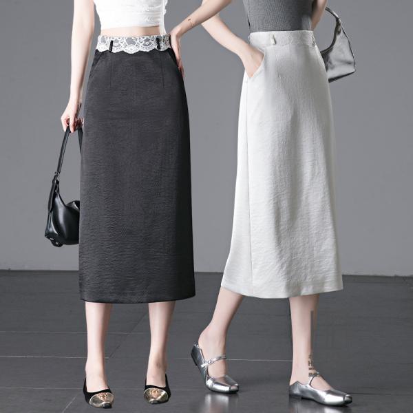 ロングスカート マキシ レース入り サテンスカート マキシ タイト 細身 スリム 体型カバー ロング...