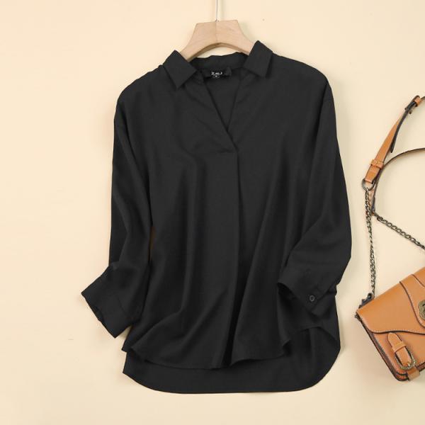 七分袖シャツ レディース 無地 Vネック シンプル ブラウス ビジネス対応 白シャツ 女性 黒シャツ...
