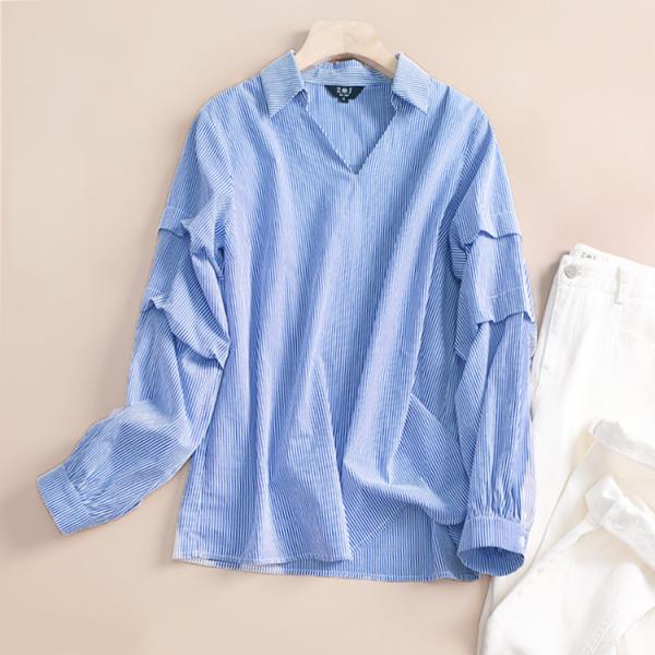 Vネック ブラウス ストライプ柄 レディース 長袖シャツ オフィス 通勤 春秋 爽やか トップス