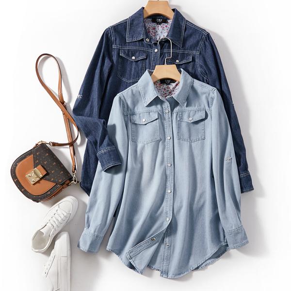 デニムシャツ レディース チュニック 長袖 ロールアップ袖 ラウンド裾 スナップボタン留め デニム ...