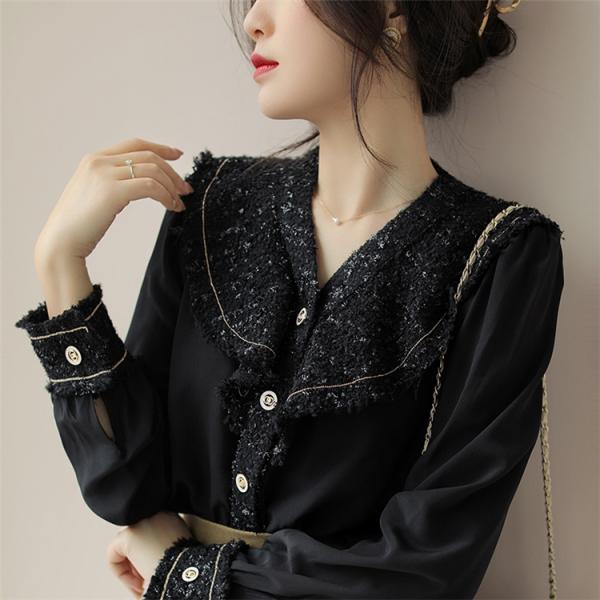 ブラウス シャツ 長袖 レディース Vネック 華やか 衿＆袖デザイン エレガント通勤 キレイめ大人 ...