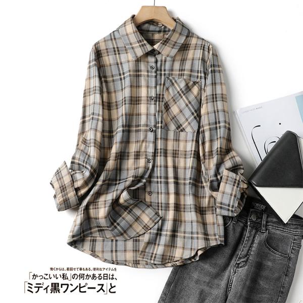 ブラウス 長袖シャツ チェック柄 レディース 配色 ゆったり レトロ 体型カバー ポケット付き 羽織...
