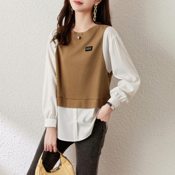 シャツ ブラウス 丸首 レディース トップス パフスリーブ 長袖 切り替え 重ね着風 フェイクレイヤ...