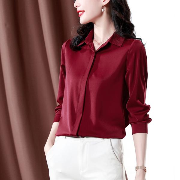 ブラウス レディース 無地 隠し式ボタン 長袖 しなやか アセテート繊維 やわらか サテン シルク生...