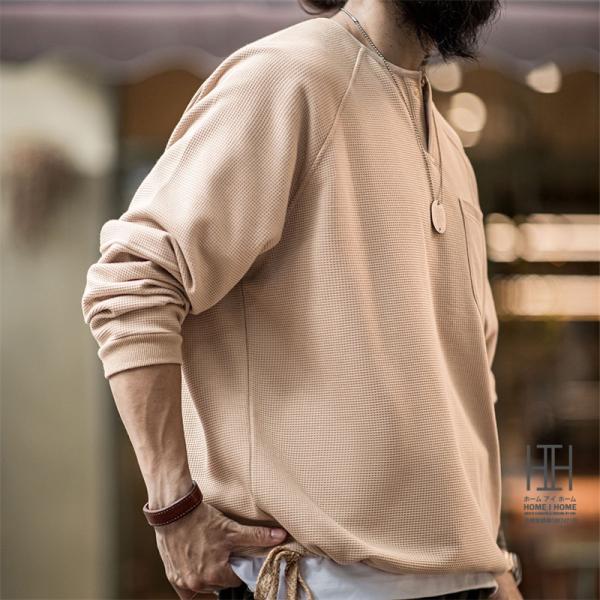 ヘンリーネックTシャツ メンズ 長袖 ロンT 無地 ポケット付き ワッフルtシャツ ストレッチ クル...