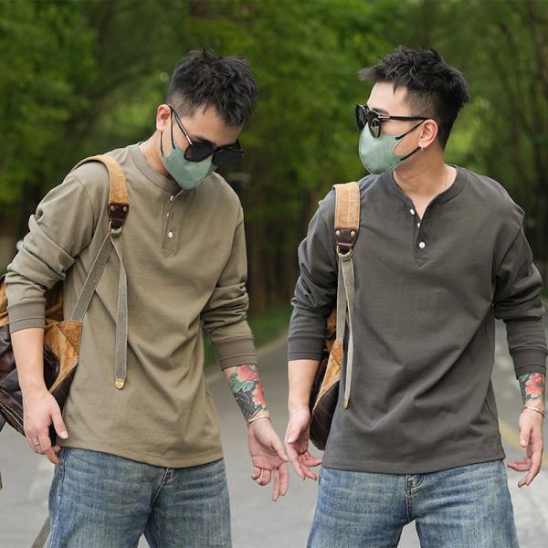 tシャツ Tシャツ メンズ カットソー 長袖ヘンリーネック 柔らかい 無地 シンプル カジュアル ア...