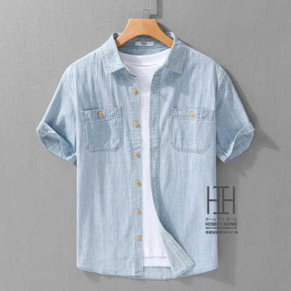 シャツ メンズ デニムシャツ 半袖  ダンガリーシャツ 両ポケット ワーク 半袖シャツ 柔らかい お...