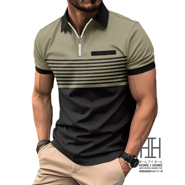 半袖シャツ ポロシャツ メンズ 半袖 ゴルフ ボーダー ハーフジップ ポケット カラー配色 ゴルフ ...