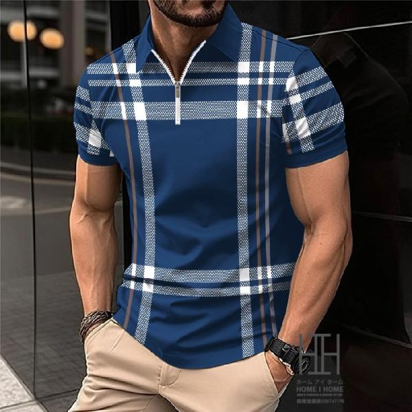 ポロシャツ ゴルフ ポロシャツ メンズ 半袖 ハーフジップ チェック柄 カラー配色 大きいサイズ ア...