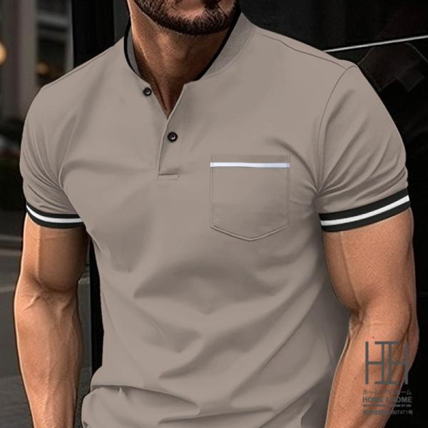 シャツ ポロシャツ メンズ 半袖 立ち襟 半袖ポロ ライン入り ポケット カラー配色 ゴルフ 大きい...