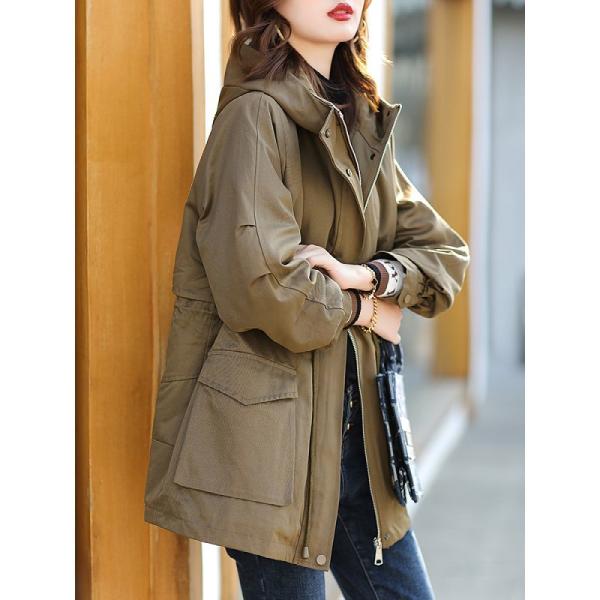 ミリタリージャケット ウエスト紐付き ビッグポケット フード付き モッズコート 綿 羽織り ブルゾン...