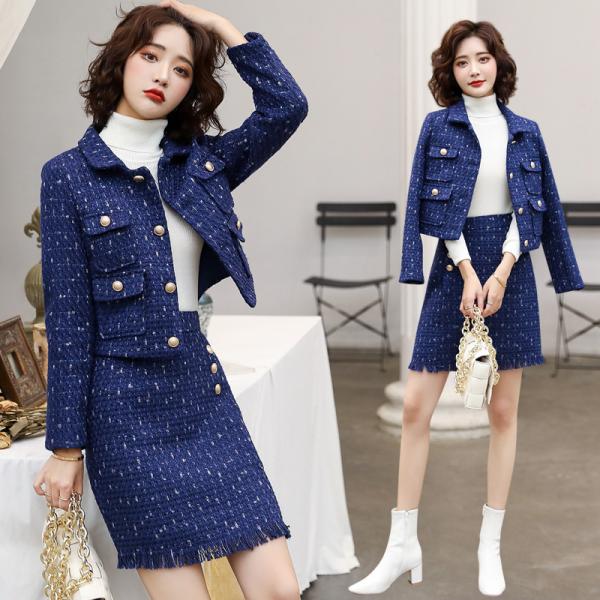 ツイードジャケット スカート セットアップ 2点セット ツイード風上下セット 紺色 紺 セレブドレス...
