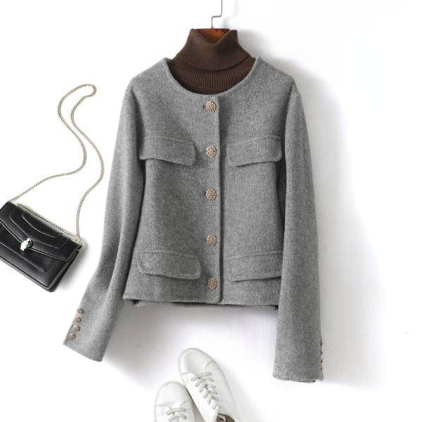 ノーカラージャケット ショート丈 カシミアジャケット レディースファッション ダブルフェイスウール ...