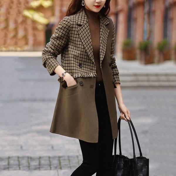 Pコート レディース チェックコート 千鳥柄 カットオフ ダブルジャケット 切り替え Vネック アウ...