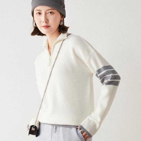 ニット セーター レディース トップス ハーフジップ ライン入り 立ち襟 秋冬 通勤 通学 学生 事...