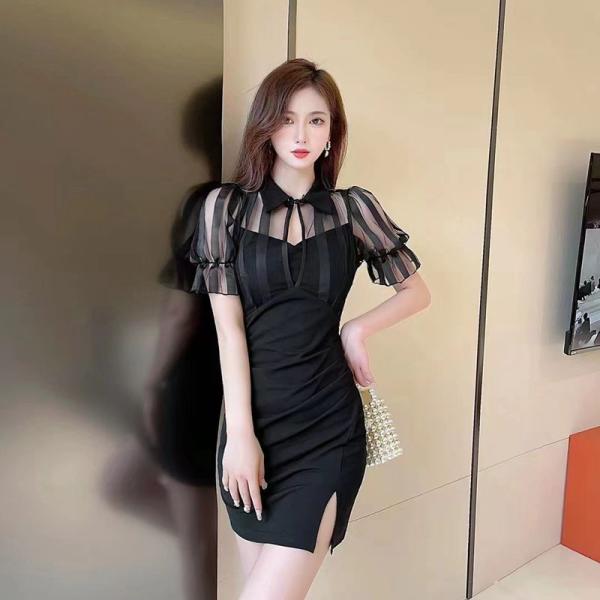 ミニ丈ワンピース レディース 裾スリット キャザー入り キャバ キャバドレス ドレス ミニ キャバク...