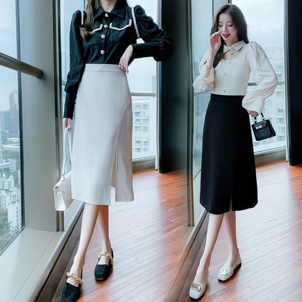 女性 通勤 スカート ハイスリット ハイウエスト バックジップ留め スリム 膝丈 レディースファッシ...