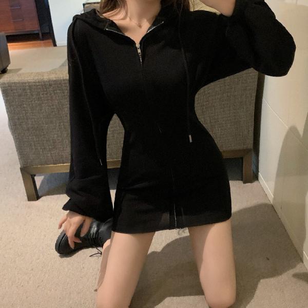 ワンピース レディース フード付き 長袖 前開き ボディライン ジップアップ スリム 秋 冬 春 ミ...