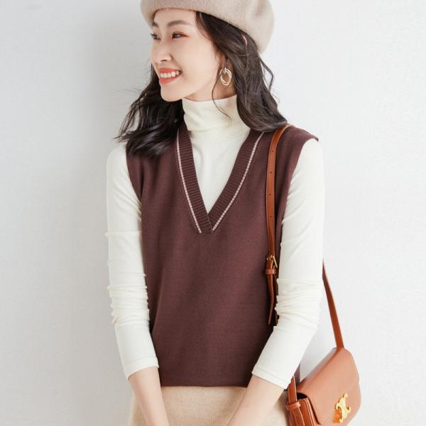 ニットベスト セーター レディース 袖無し プルオーバー 差し色 Vネック 重ね着 秋コーデ キレイ...