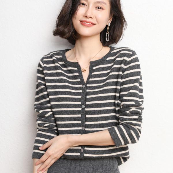 カーディガン ニットセーター 長袖 レディース ボーダー 羽織り ラウンドカラー 秋コーデ お洒落 ...