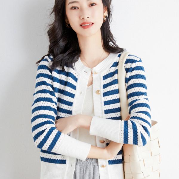 カーディガン カーデ レディース ニットセーター ラウンドカラー トップス ボーダー柄 羽織り 通勤...