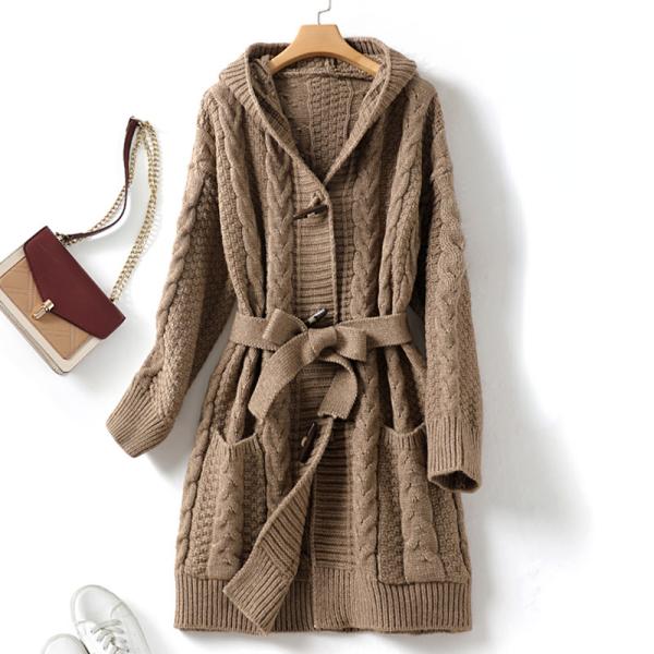 レディース ベルト付き ケーブル編み ポケット付き ニット アウター セーター 秋冬 スプリングコー...