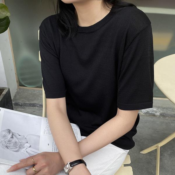 サマーニット Tシャツ 半袖 レディース 無地 アイスシルクコットン 涼感 ニットソー シンプル き...