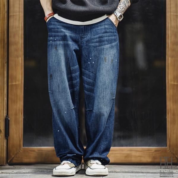 デニムパンツ メンズ ワイド Gパン おしゃれ ペンキ加工 綿100 ジーンズパンツ ワイドパンツ ...