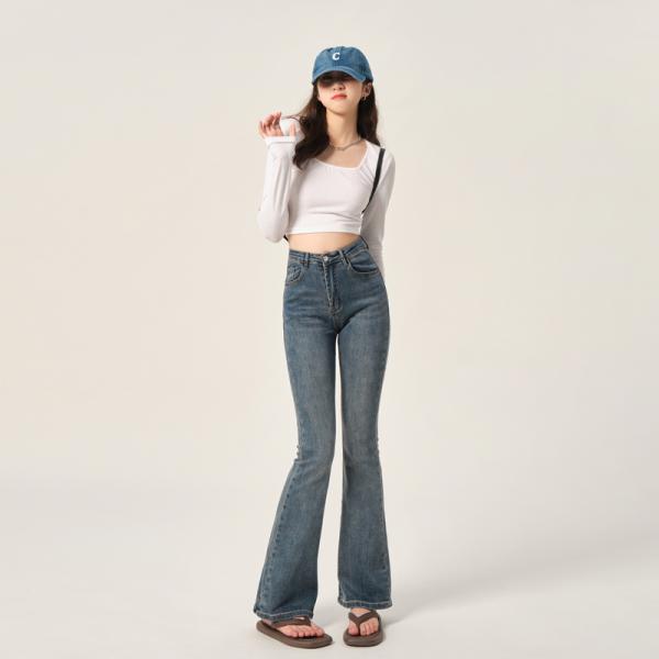 ジーンズ ベルボトム レディース デニムパンツ スリム きれいめ ユーズド加工 シンプル パンツ 美...