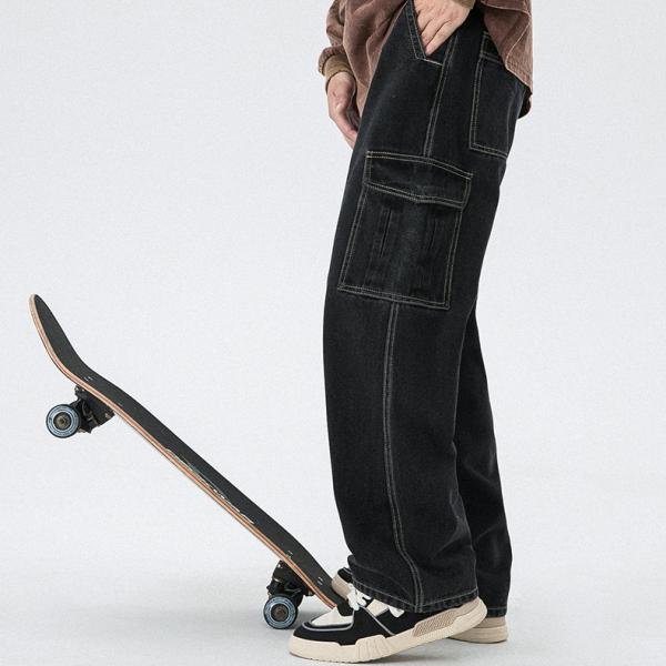 カーゴデニムパンツ ジーンズ ストレート メンズ ロング丈 作業 ゆったり カジュアル 多ポケットビ...