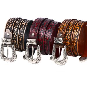 ベルト メンズ 型押し 牛革ベルト レザー ウエスタン ベルト D型留め具 細め レディース 唐草柄...