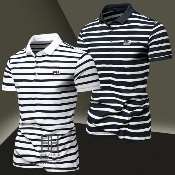 ポロシャツ メンズ 半袖 ゴルフ ボタンダウン ビジポロ ボーダー柄 ワンポイント ロゴ入り スリム...