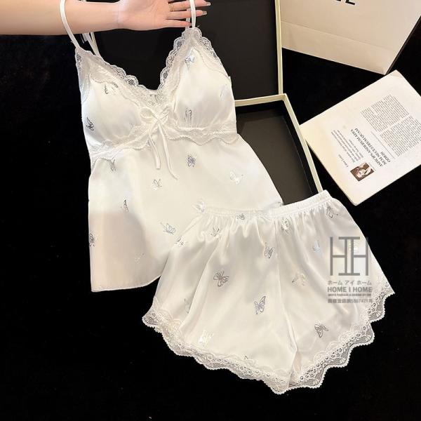 パジャマ 2点セット レディース キャミソール ショートパンツ カップ付き サテン調 光沢 蝶柄 接...