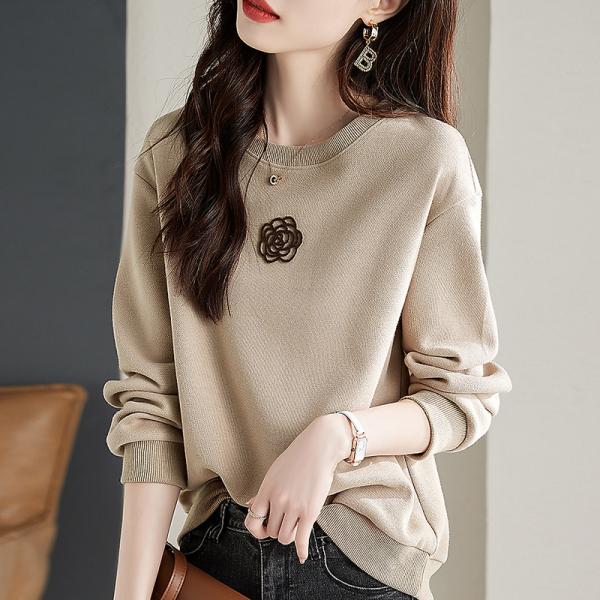 スウェットトップス ワンポイント Tシャツ プルオーバー レディース 花柄 長袖 リブ トップス カ...