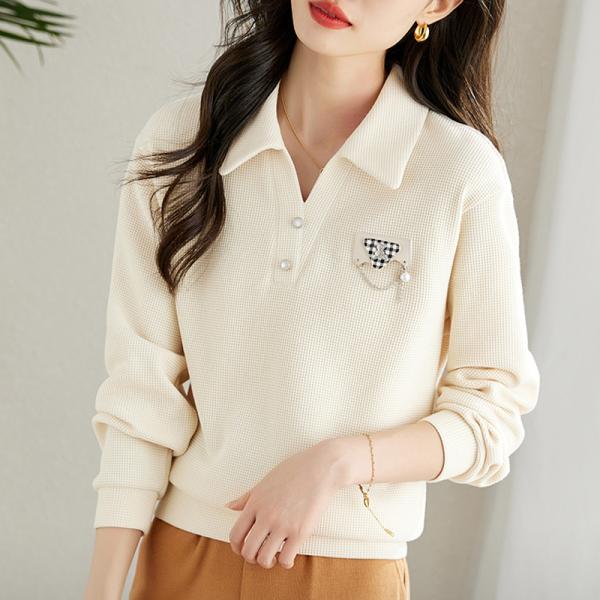 プルオーバースウェット レディース 長袖 Tシャツ カットソー ワンポイント Vネック ワッフル ロ...