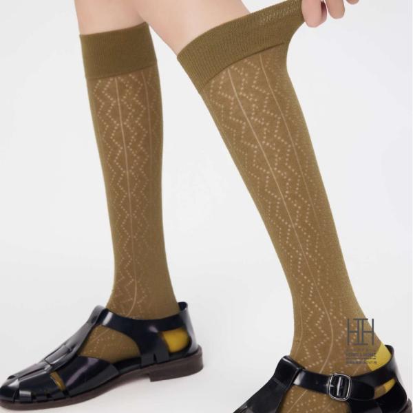 ハイソックス レディース ロング丈 美脚 スリム 着圧 ストレッチ 綿 おしゃれ 通気性 メッシュ ...