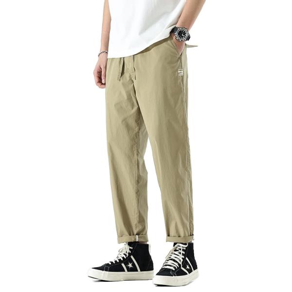 チノパン メンズ イージーパンツ スリムストレート 夏向け ゴム留め 薄手 ロング丈 無地シンプル ...