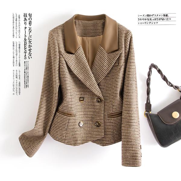 テーラードジャケット ウールコート 長袖 レディース 千鳥格子 一部革レザー ダブルブタン 切り替え...