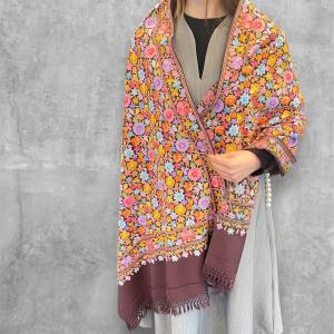 カシミール刺繍 小花柄 大判ショール タペストリー メリルウール シルク 高品質 草花模様 インド刺繍 手刺繍 伝統刺繍 手作り デザイン 一点もの パープル 水色
