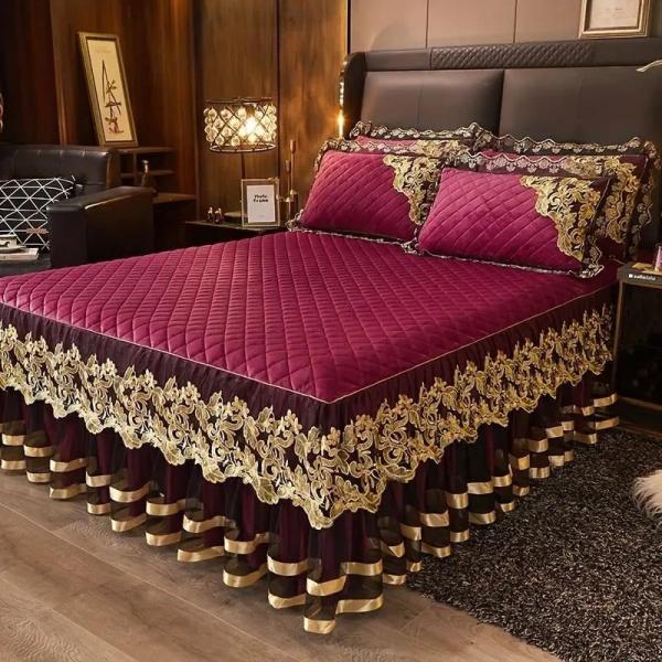 ベッドカバー3点セット ベッドスカート 枕カバー 寝具 ベルベット フリル付 クイーン キング サイ...
