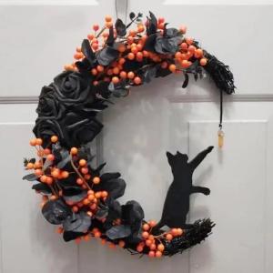 リース 黒猫 花 木の実 黒薔薇 おしゃれ かわ...の商品画像