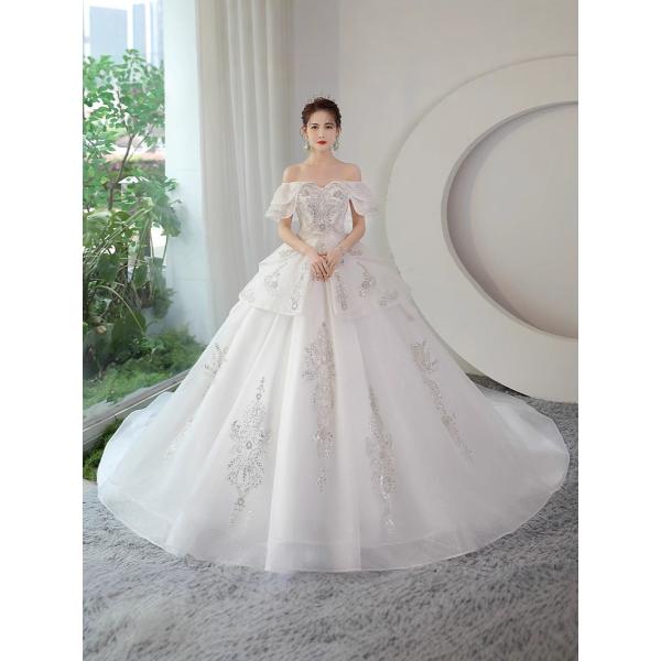 ウェディングドレス 大きいサイズ ホワイト 白 結婚式 刺繍 謝恩会 オフショルダー 編み上げタイプ...