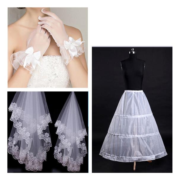 ウェディング バッスル ベール グローブ 3点セット 白 ホワイト 結婚式 レース ボリューム 二次...